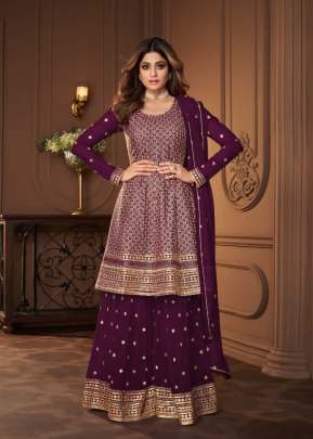 Aashirwad Creation Heroine Georgette With Embroidery Work And Sequence Work Sharara Suit Wine Color DN 8694