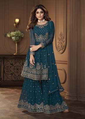 Aashirwad Creation  Heroine Heavy Faux Georgette Palazzo Suit Teal Color DN 8696