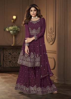 Aashirwad Creation  Heroine Heavy Faux Georgette Palazzo Suit Wine Color DN 8696