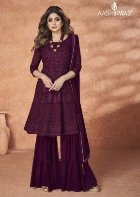 Aashirwad Creation Kashish Real Georgette Sharara Suit Wine Color DN 9219 A