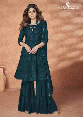 Aashirwad Creation Kashish Real Georgette Sharara Suit Teal Color DN 9219 B