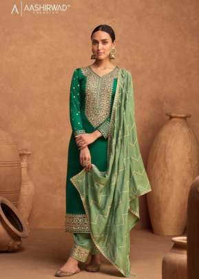 Aashirwad Creation Kesariya Premium Silk With Sequence Embroidery Work Designer Suit Green Color DN 9482