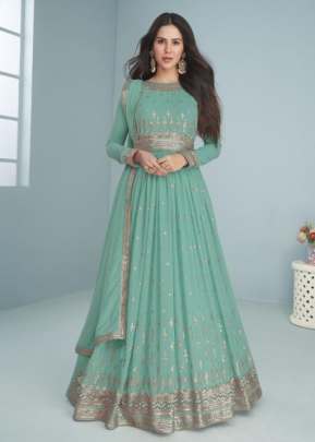 Aashirwad Creation Mogra Heavy Faux Georgette Anarkali Suit Sky Color DN 9293