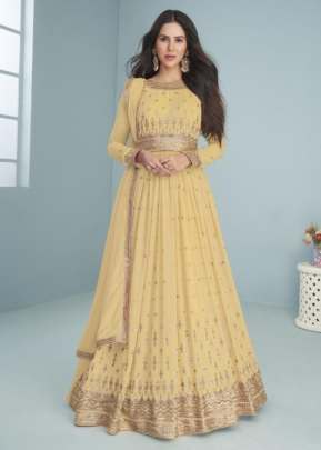 Aashirwad Creation Mogra Heavy Faux Georgette Anarkali Suit Light Yellow Color DN 9293