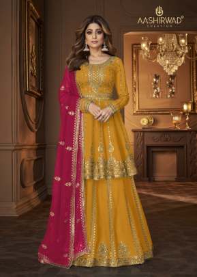 Aashirwad Creation Niharika Heavy Faux Georgette Salwar Suit Yellow Color DN 9125