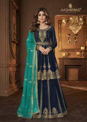 Aashirwad Creation Niharika Heavy Faux Georgette Salwar Suit Nevy Blue Color DN 9125