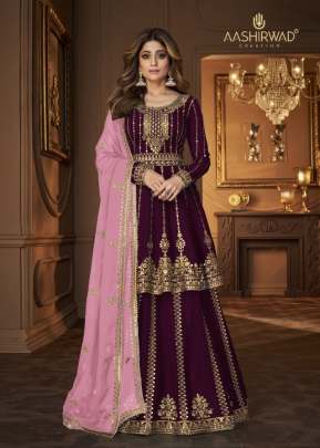 Aashirwad Creation Niharika Heavy Faux Georgette Salwar Suit Wine Color DN 9125