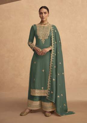 Aashirwad Creation Odhani Heavy Georgette With Embroidery with Coding Work Palazzo Suit Mint Green Color DN 9493