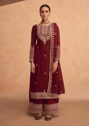 Aashirwad Creation Odhani Heavy Faux Georgette With Sequence Palazzo Suit Maroon Color DN 9494