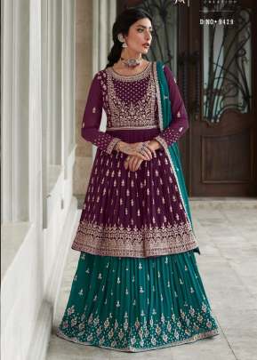 Aashirwad Creation Radhika Georgette With Embroidery Work Sharara Suit Wine And Sky Blue Color DN 9429