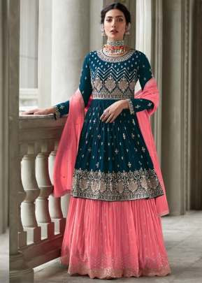 Aashirwad Creation Radhika Georgette With Embroidery Work Sharara Suit More Peach And Peach Color DN 9431