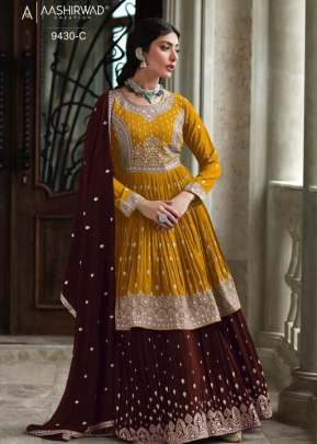 Aashirwad Creation Radhika Heavy Faux Georgette With Embroidery Work Designer Suit Mustard Yellow And Brown Color DN 9430