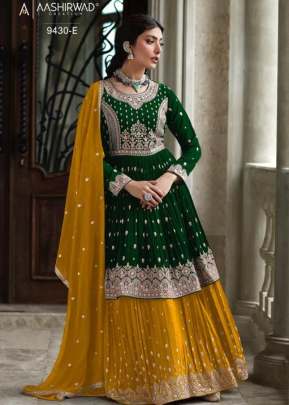 Aashirwad Creation Radhika Heavy Faux Georgette With Embroidery Work Designer Suit Green And Yellow Color DN 9430