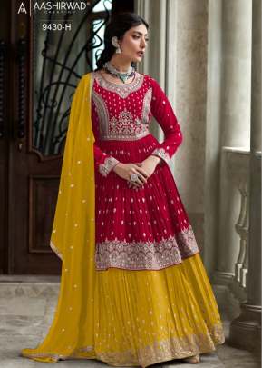 Aashirwad Creation Radhika Heavy Faux Georgette With Embroidery Work Designer Suit Red And Yellow Color DN 9430