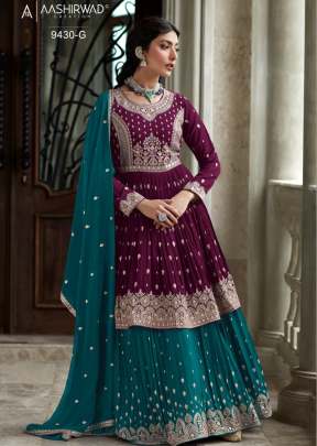 Aashirwad Creation Radhika Heavy Faux Georgette With Embroidery Work Designer Suit Wine And More Peach Color DN 9430