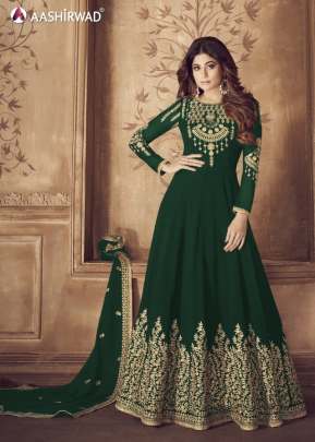 Aashirwad Creation Real Faux Georgette Anarkali Gown Green Color DN 8201