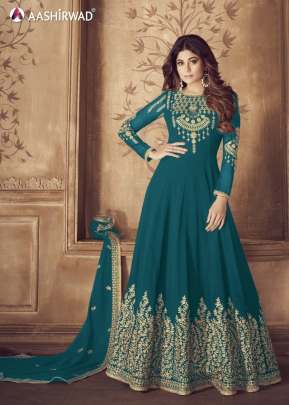 Aashirwad Creation Real Faux Georgette Anarkali Gown Teal Color DN 8201