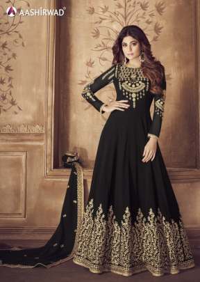 Aashirwad Creation Real Faux Georgette Anarkali Gown Black Color DN 8201