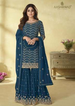 Aashirwad Creation Rihana Heavy Foux Georgette With Embroidery Sharara Suit Blue Color DN 9172