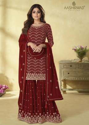 Aashirwad Creation Rihana Heavy Foux Georgette With Embroidery Sharara Suit Maroon Color DN 9172