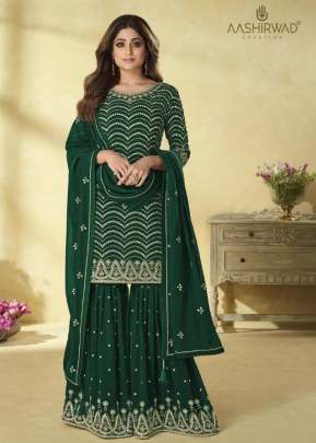 Aashirwad Creation Rihana Heavy Foux Georgette With Embroidery Sharara Suit Green Color DN 9172