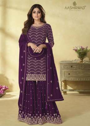 Aashirwad Creation Rihana Heavy Foux Georgette With Embroidery Sharara Suit Wine Color DN 9172