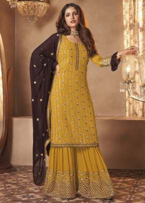 Aashirwad Creation Sayuri Inara Heavy Faux Georgette Palazzo Suit Mustard Yellow Color DN 131 A