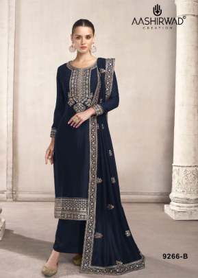 Aashirwad Creation Siya Heavy Dola Silk With Embroidery Work Designer Suit Nevy Blue Color DN 9266