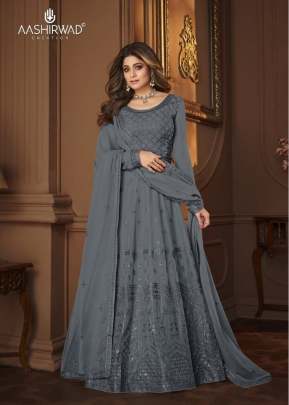 Aashirwad Creation Vintage Heavy Faux Georgette Anarkali Suit Grey Color DN 8686