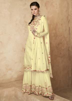 Aashirwad Gramo Heavy Faux Georgette Palazzo Suit Light Yellow Color DN 127