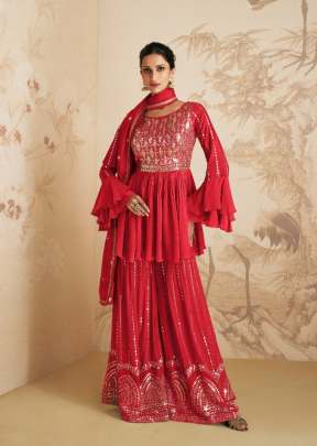 Aashirwad Gulkand Elan Chinon Curb With Embroidery Sequence Mirror Work Palazzo Suit Red Color DN 9411