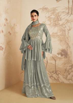 Aashirwad Gulkand Elan Chinon Curb With Embroidery Sequence Mirror Work Palazzo Suit Grey Color DN 9411