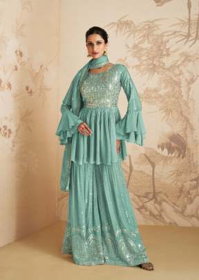 Aashirwad Gulkand Elan Chinon Curb With Embroidery Sequence Mirror Work Palazzo Suit Sky Color DN 9411