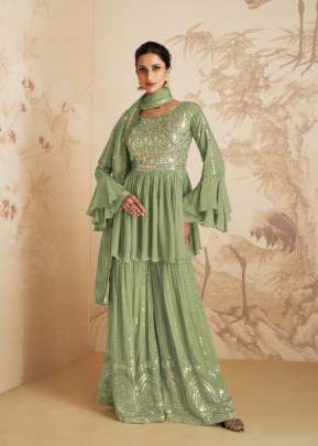 Aashirwad Gulkand Elan Chinon Curb With Embroidery Sequence Mirror Work Palazzo Suit Pista Color DN 9411