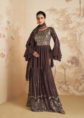 Aashirwad Gulkand Elan Chinon Curb With Embroidery Sequence Mirror Work Palazzo Suit Brown Color DN 9411