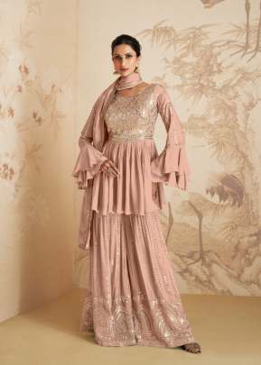 Aashirwad Gulkand Elan Chinon Curb With Embroidery Sequence Mirror Work Palazzo Suit Light Peach Color DN 9411