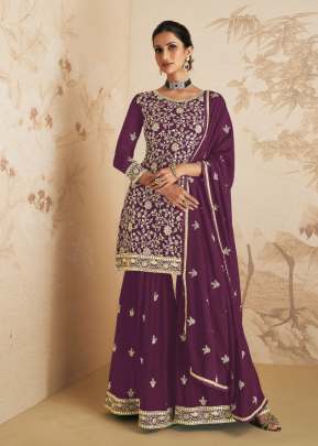 Aashirwad Gulkand Elan Real Georgette With Embroidery Work Sharara Suit Wine Color DN 9409