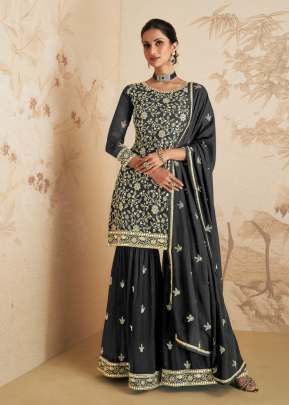 Aashirwad Gulkand Elan Real Georgette With Embroidery Work Sharara Suit Grey Color DN 9409