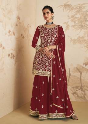 Aashirwad Gulkand Elan Real Georgette With Embroidery Work Sharara Suit Red Glow Color DN 9409