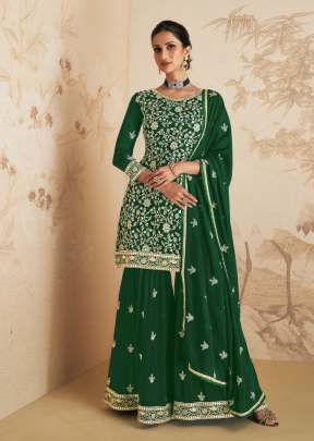 Aashirwad Gulkand Elan Real Georgette With Embroidery Work Sharara Suit Green Color DN 9409