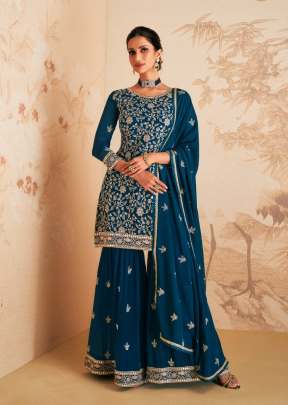 Aashirwad Gulkand Elan Real Georgette With Embroidery Work Sharara Suit Blue Color DN 9409