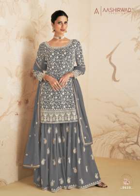 Aashirwad Gulkand Elan Real Georgette With Embroidery Work Sharara Suit Grey Color DN 9410