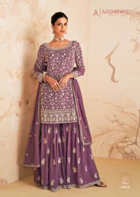 Aashirwad Gulkand Elan Real Georgette With Embroidery Work Sharara Suit Purple Color DN 9410