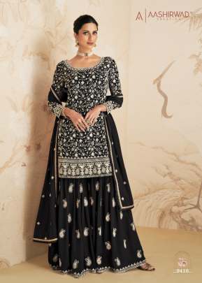 Aashirwad Gulkand Elan Real Georgette With Embroidery Work Sharara Suit Black Color DN 9410