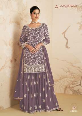 Aashirwad Gulkand Elan Real Georgette With Embroidery Work Sharara Suit Lavender Color DN 9410