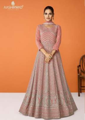 Aashirwad Gulkand Imara Heavy Faux Georgette With Embroidery Work Anarkali Salwar Kameez Peach Color DN 9321