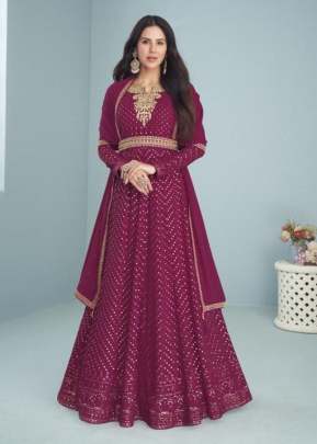 Aashirwad Gulkand Mogra Heavy Faux Georgette With Coding Work Anarkali Suit Wine Color DN 9291 C