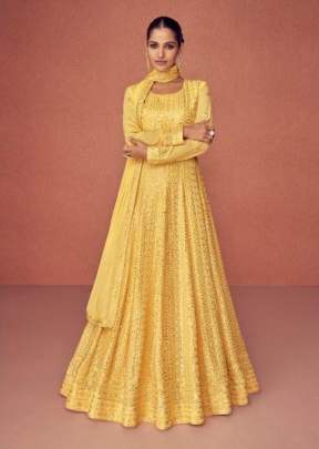 Aashirwad Gulkand Season Georgette Embroidery Work Anarkali Suit Yellow Color DN 9364