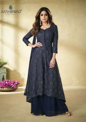 Aashirwad Heavy Faux Georgette Ethnic Palazzo Suit Nevy Blue Color DN 9175