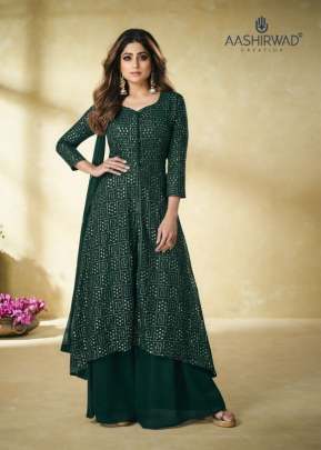 Aashirwad Heavy Faux Georgette Ethnic Palazzo Suit Green Color DN 9176